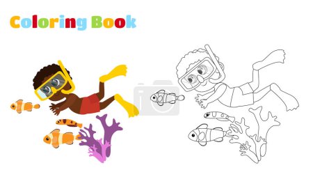 Coloring page. A cartoon boy with fish is swimming in shorts, fins and a snorkeling mask. Illustration of a boy in cartoon style. Children's activity underwater.