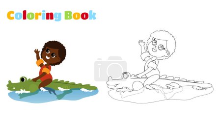 Téléchargez les photos : Coloriage. Une fille nage sur un matelas gonflable en crocodile. Vacances d'été sur la plage dans le style dessin animé. Illustration vectorielle isolée sur fond blanc. - en image libre de droit