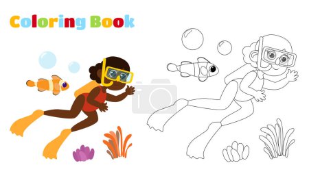 Illustration for Coloring page. Aquadiver girl swims in a swimsuit and snorkeling equipment. Illustration of a child in cartoon. Children's activity in nature. - Royalty Free Image