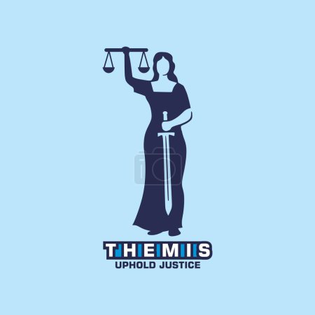 Illustration for THEMIS LADY JUSTICE LOGO, silhouette of blue lady blind standing vector illustrations - Royalty Free Image
