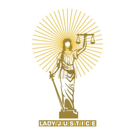 THEMIS LADY JUSTICE LOGO, silueta de gran dama traer escamas e ilustraciones de vectores de hoja
