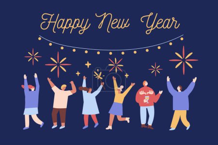 Illustration for People celebrate winter Holidays flat vector collection. Happy New Year, Christmas. Winter outdoor activities. - Royalty Free Image
