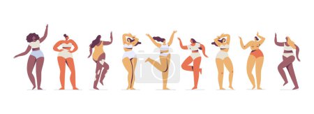 Illustration for Body positive illustration of diffrent body types. Woman in underwear silhouette. Attractive women posing flat vector set. - Royalty Free Image