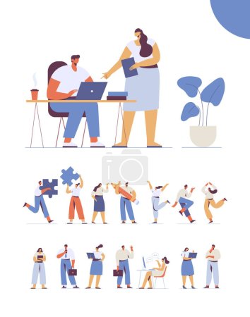 Illustration for Team working, cooperation. People connecting huge puzzle elements. Partnership. Vector illustration in flat design style. - Royalty Free Image