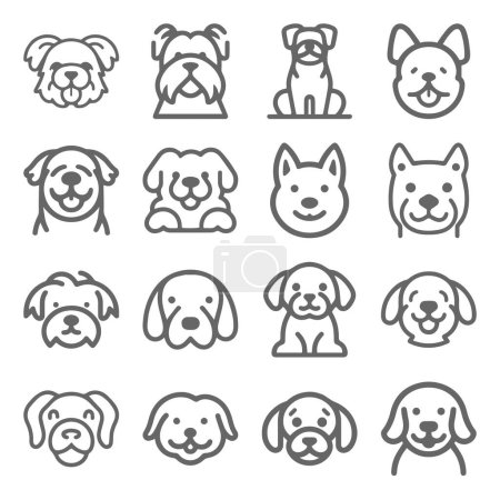 Ilustración de Dibujos animados lindo perro silueta vector línea icono conjunto - Imagen libre de derechos