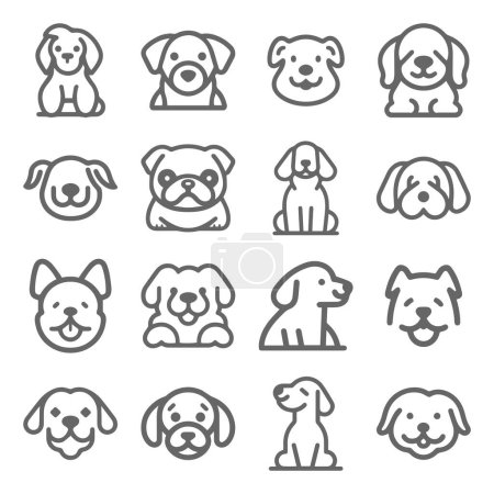 Cartoon cute Dog silhouette vector line icon set	