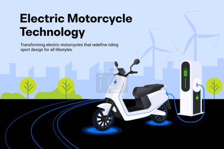 Téléchargez les illustrations : Technologie de moto électrique avec borne de recharge Illustration - en licence libre de droit