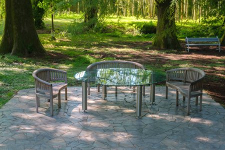 Téléchargez les photos : Salon de jardin vide avec table en verre pour les loisirs En parc ou en forêt. Ensemble de meubles d'extérieur en bois et verre pour pique-nique - en image libre de droit