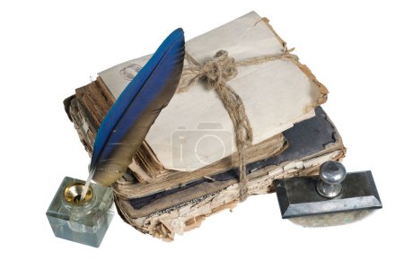 Photo for Old vintage presse papier, inkwell and pile of old  books. Isolated on white background - Royalty Free Image