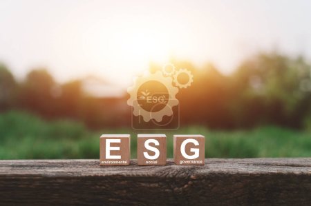 Foto de Firma de ESG sobre cubo de madera para concepto de ESG Gobernanza Social Ambiental y desarrollo organizacional sostenible. - Imagen libre de derechos