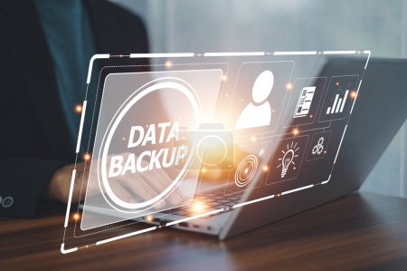 Data backup management concept, Online digital data storage and connection service for download or upload via cyberspace or server.