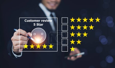 Satisfaction guaranteed concept. Customer reviews good rating ideas, customer reviews by five-star Suggestions, positive feedback from customers.