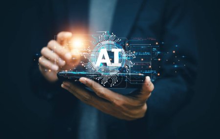 Foto de AI (Inteligencia artificial) Gestión de IA y tecnología de soporte en el cliente de éxito de marketing del plan de negocio. Concepto de gestión IA. - Imagen libre de derechos