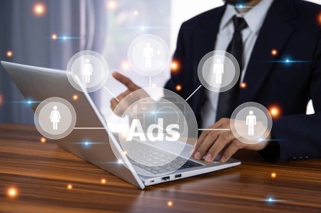 Businessman management Ads Advertising for Business marketing online connect to customer online concept.