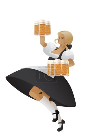 Photo for Pretty smiling blonde lady in black dirndl traditional Bavarian dress holding a beer mugs. - Royalty Free Image