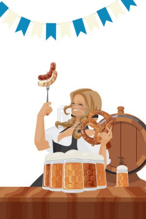 Illustration for Young pretty female bartender welcoming smiling holding pretzels in hands standing behind the bar countertop. On bar top are beer pint glasses and plate of Bavarian sausages. Blonde haired beautiful - Royalty Free Image