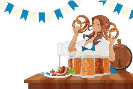 Illustration for Young pretty female bartender welcoming smiling holding pretzels in hands standing behind the bar countertop. On bar top are beer pint glasses and plate of Bavarian sausages. Dark haired beautiful - Royalty Free Image