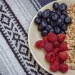 Muesli with blueberries and raspberries on tablecloth background. Granola with wild berries on towel pattern. Healthy eating. Bowl of oat flakes and blueberry and raspberry. Vitamin breakfast. Cereal muesli with berries. 
