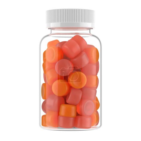 Photo for Transparent glass bottle filled with orange vitamin fiber gummies, healthy vitamin bottle without label - Royalty Free Image