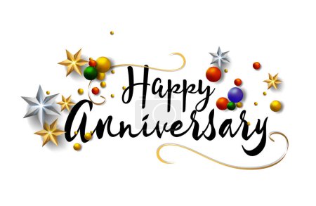 Illustration for Happy Anniversary lettering text banner template. lettering anniversary with golden festive elements. Horizontal template for greeting - Royalty Free Image
