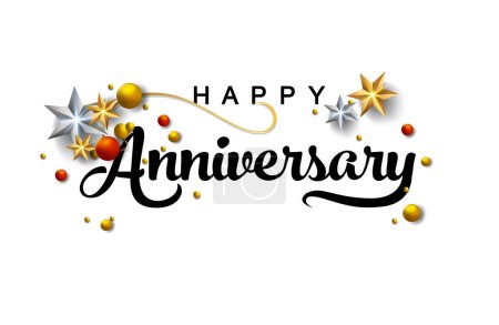 Illustration for Happy Anniversary lettering text banner template. lettering anniversary with golden festive elements. Horizontal template for greeting - Royalty Free Image