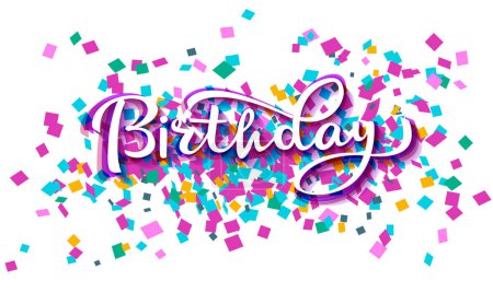 Ilustración de Feliz cumpleaños dibujado a mano diseño de letras vectoriales en el fondo del patrón con globos y elementos festivos. Perfecto para tarjeta de felicitación - Imagen libre de derechos