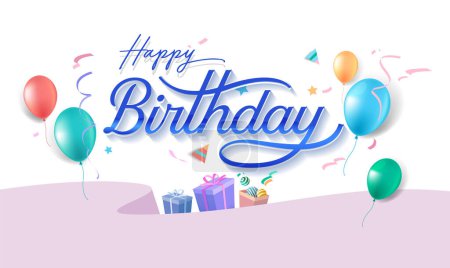 Illustration for Happy Birthday lettering text banner, colorful calligraphy of birthday text with colorful confetti. - Royalty Free Image