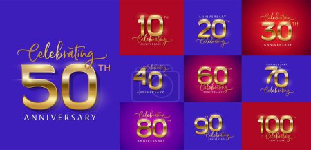 Illustration for Set of anniversary gold logotype and lettering style. elegance anniversary celebration - Royalty Free Image