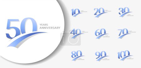 Illustration for Set of anniversary logotype and swoosh blue color on white background for celebration - Royalty Free Image