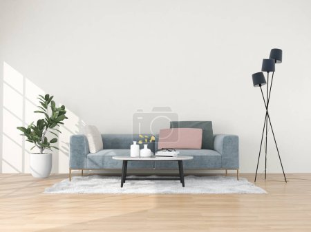 Foto de Interior de la sala de estar en estilo moderno, 3d render con sofá y decoraciones. - Imagen libre de derechos
