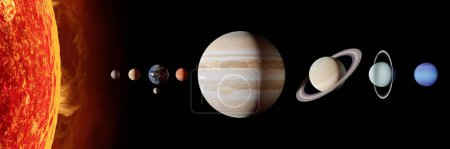 Solar system planets in outer space. Mercury, Venus, Earth, Mars, Jupiter, Saturn, Uranus, Neptune, Pluto. Planetary system concept.black background. super hd. 3drendering.