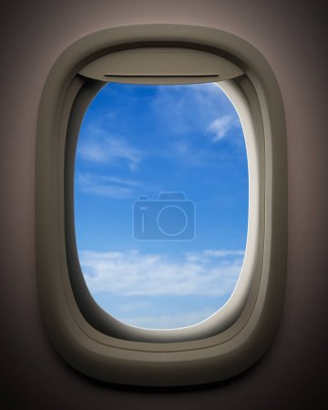 Blue sky outside window plane, gray airplane window, plain aircraft window , 3d rendering.