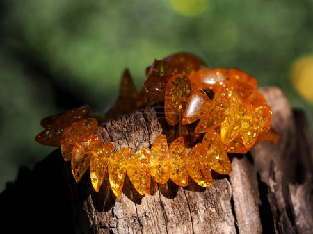 Beautiful amber on a tree stump. Natural amber on a blurred background. 