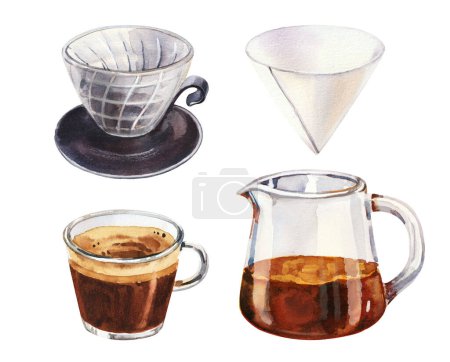 Hand painted watercolor set with specialty filter coffee drinks for cafe menu. Hand drawn watercolor batch brew filter black coffee isolated on white background
