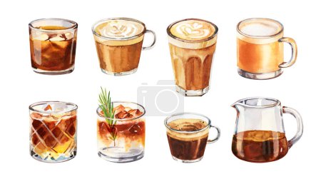 Hand painted watercolor set with specialty coffee drinks for cafe menu. Hand drawn watercolor filter, batch brew, espresso tonic, cappuccino, flat white coffee isolated on white background