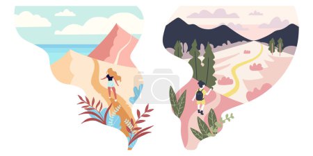 Illustration for Abstract hand painted excited woman travel mountains nature vector poster. Contemporary flat illustration. Beauty female figure traveler in simple modern style. - Royalty Free Image