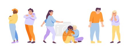 Hand painted unhappy young people men and women in depression in different poses. Concept of grief, frustration and depression. Colored flat vector illustration isolated on simple background.