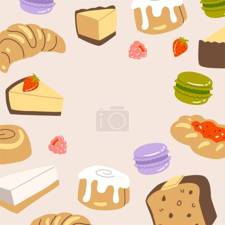 Vector pintado a mano café sabrosa pastelería tartas de queso y postres daneses ilustración. Lindo plano simple dibujado a mano composición del icono, póster prehecho, bandera