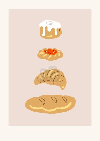 Vector hand painted cafe tasty backed pastry bread, croissant, danish and cinnamon bun illustration Cute flat simple hand drawn clipart premade interior poster for print