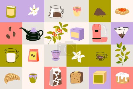 Vector hand painted cafe tasty pastry desserts and specialty coffee illustration Cute flat simple hand drawn icon cafe composition, premade poster, banner
