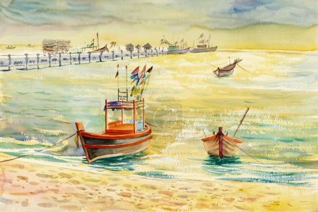 Akwarela krajobraz morski oryginalny obraz kolorowy łodzi rybackiej i emocji w słońcu i chmury tła dolnego