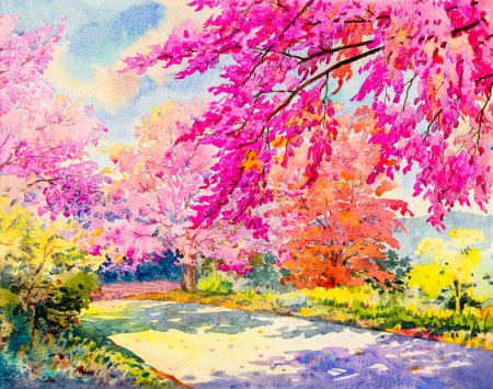 Foto de Acuarela abstracta original paisaje pintura color rosa de cereza himalaya salvaje y emoción en fondo azul. - Imagen libre de derechos