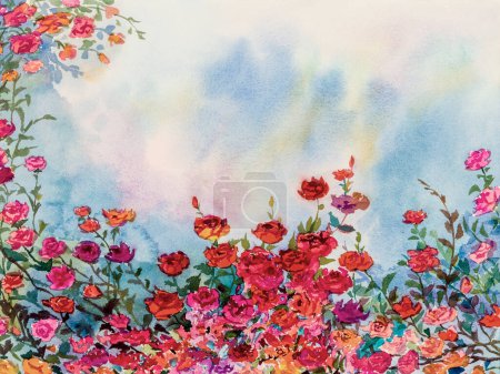 Abstrakcyjny akwarela oryginalny krajobraz malarstwo wyobraźnia kolorowe róże piękno wiosna sezon i emocje w tle niebieskiego nieba.