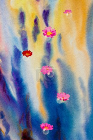Photo for Painting art flowers sponge fantasy abstract wallpaper illustration. Watercolor paintings daisy pink in bubbles, brush strokes background, modern art, contemporary art, colorful textured, wall art. - Royalty Free Image