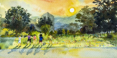 Actividades de fútbol para niños pequeños en el parque público de césped. Acuarela paisaje pintura original colorido con la naturaleza temporada de primavera y cielo nube de fondo. Ilustración impresionista pintada
