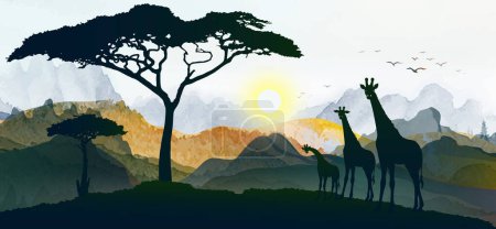 Giraffenfamilie Silhouetten, Vector Illustration Afrika Sonnenuntergang Panoramalandschaft Wald mit Giraffen Familie Silhouetten auf Hügeln Hintergrund. Panorama-Wald im Gebirge Tapete.
