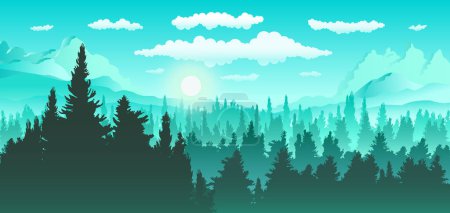 Photo for Vector panoramic landscape of forest with green and blue silhouettes of pine trees on mountain and hills background. Panorama scenery woodland pine forest in mountain range for wallpaper background. - Royalty Free Image