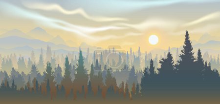 Photo for Vector panoramic landscape of forest in sunset with silhouettes of pine trees on mountain and hills background. Panorama scenery woodland pine forest in mountain range for wallpaper background. - Royalty Free Image