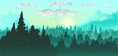 Photo for Vector panoramic landscape of forest with green and blue silhouettes of pine trees on mountain and hills background. Panorama scenery woodland pine forest in mountain range for wallpaper background. - Royalty Free Image