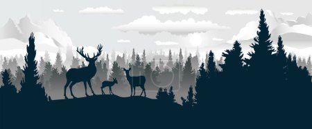 Photo for Deers family silhouettes, Vector illustration panoramic landscape of forest with deers family silhouettes on mountain hills background. Panorama woodland pine forest in mountain range for wallpaper. - Royalty Free Image